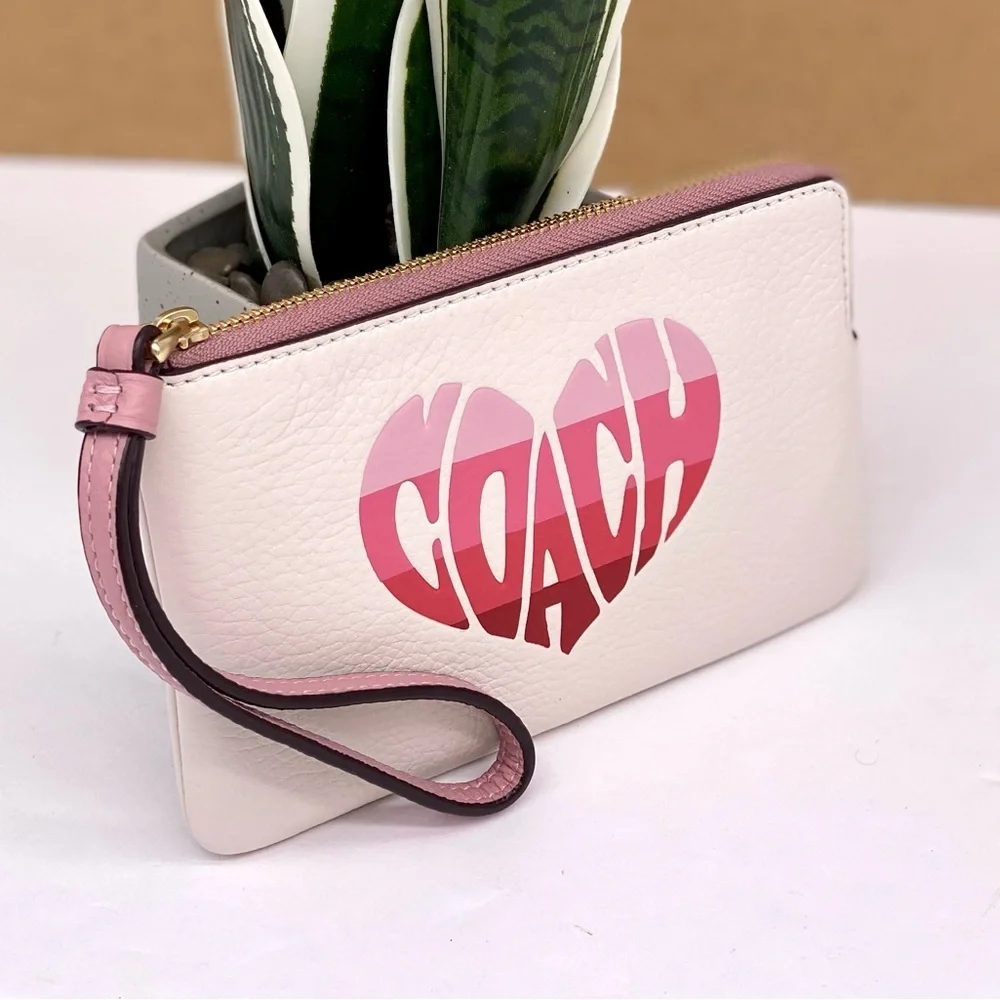 COACH Corner Zip Wristlet Wallet With Stripe Heart Motif